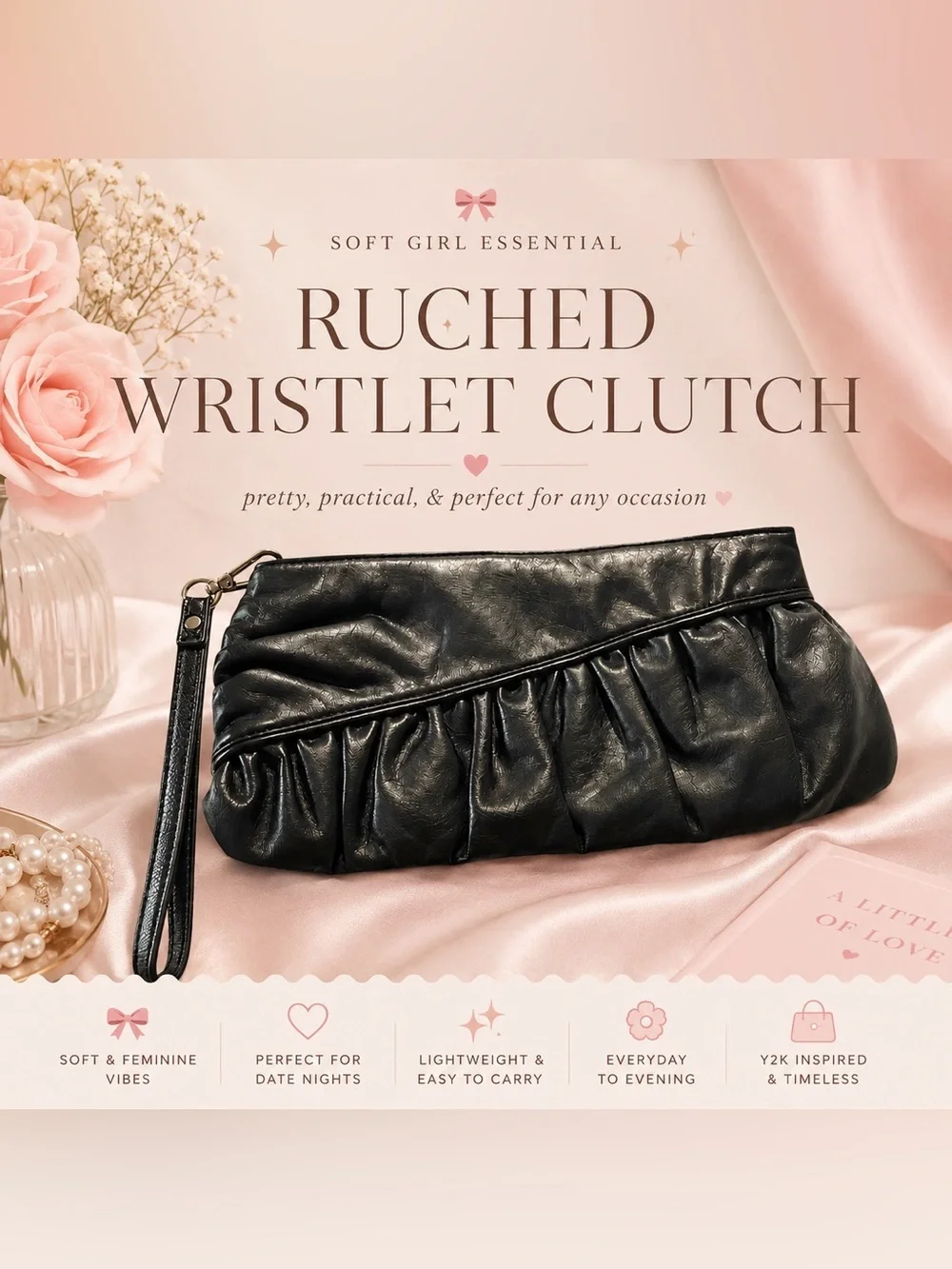 Black Ruched Faux Leather Wristlet Clutch Purse | Soft Slouchy Evening Bag